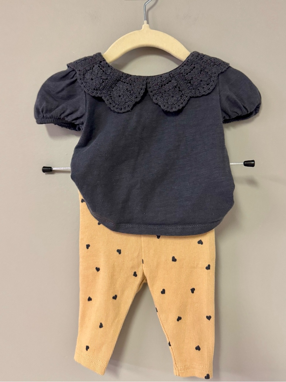 George Black Short-Sleeve Top with Crochet Peter Pan Collar